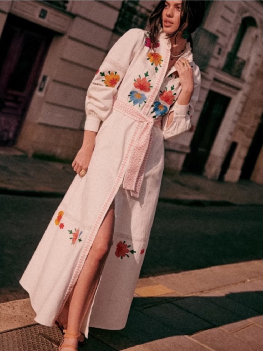 Sezane White Maxi Dress with Multicolor Floral Embroidery